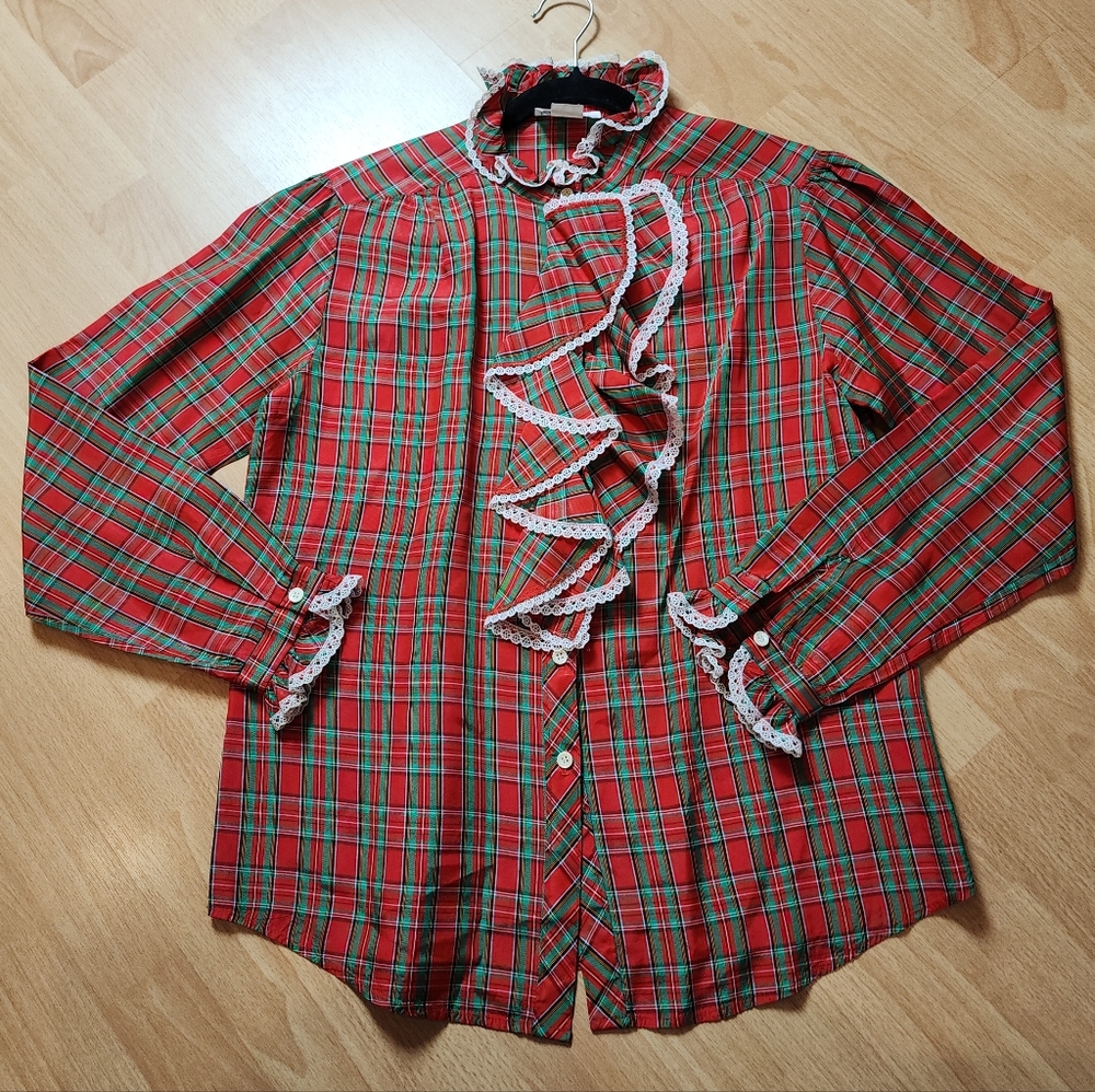 Vintage Shapely Christmas Plaid Ruffle Long Sleeve Button Blouse Lace Trim Sz 16